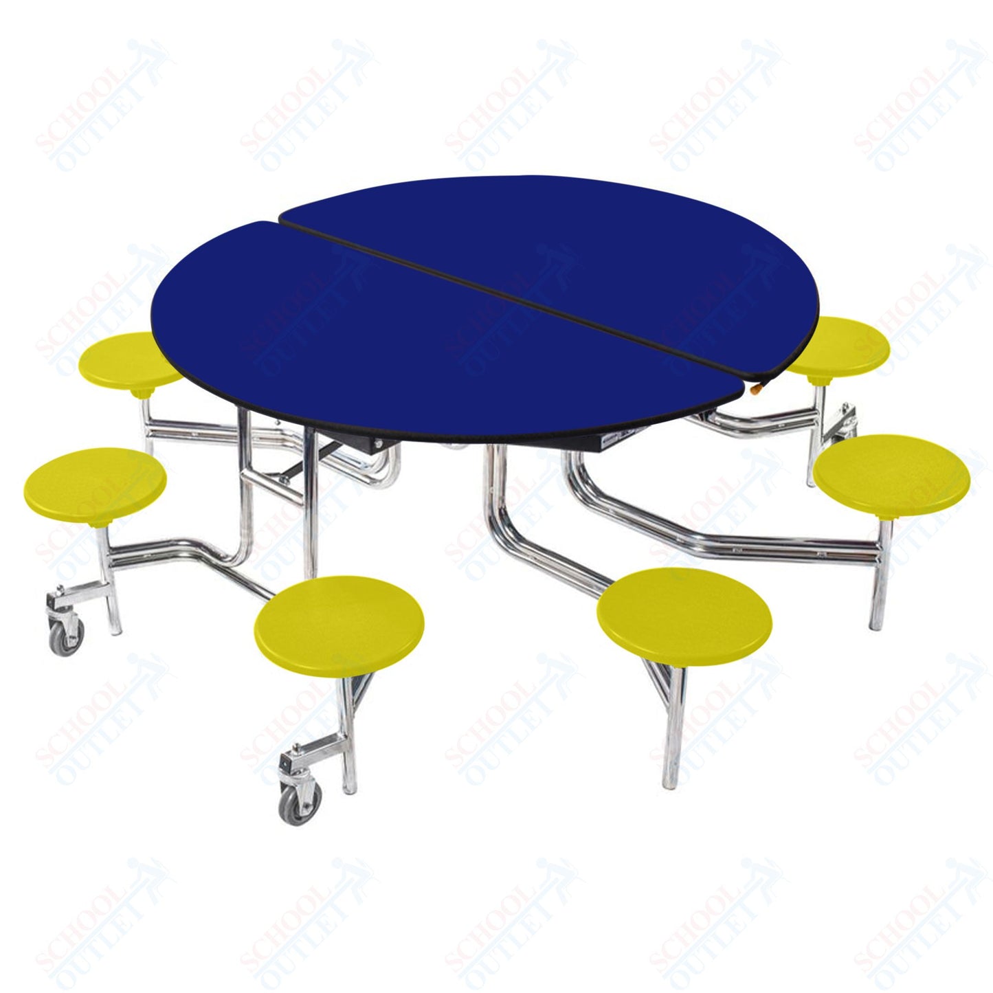 NPS 60" Round Mobile Cafeteria Table - 8 Stools - Plywood Core - Protect Edge - Chrome Frame