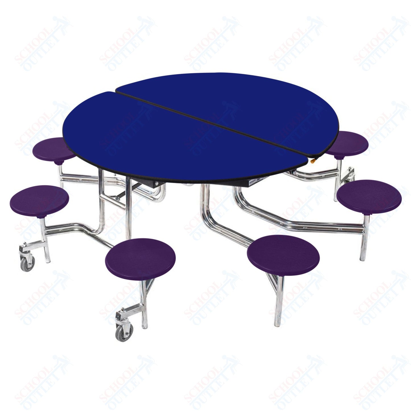 NPS 60" Round Mobile Cafeteria Table - 8 Stools - Plywood Core - Protect Edge - Chrome Frame