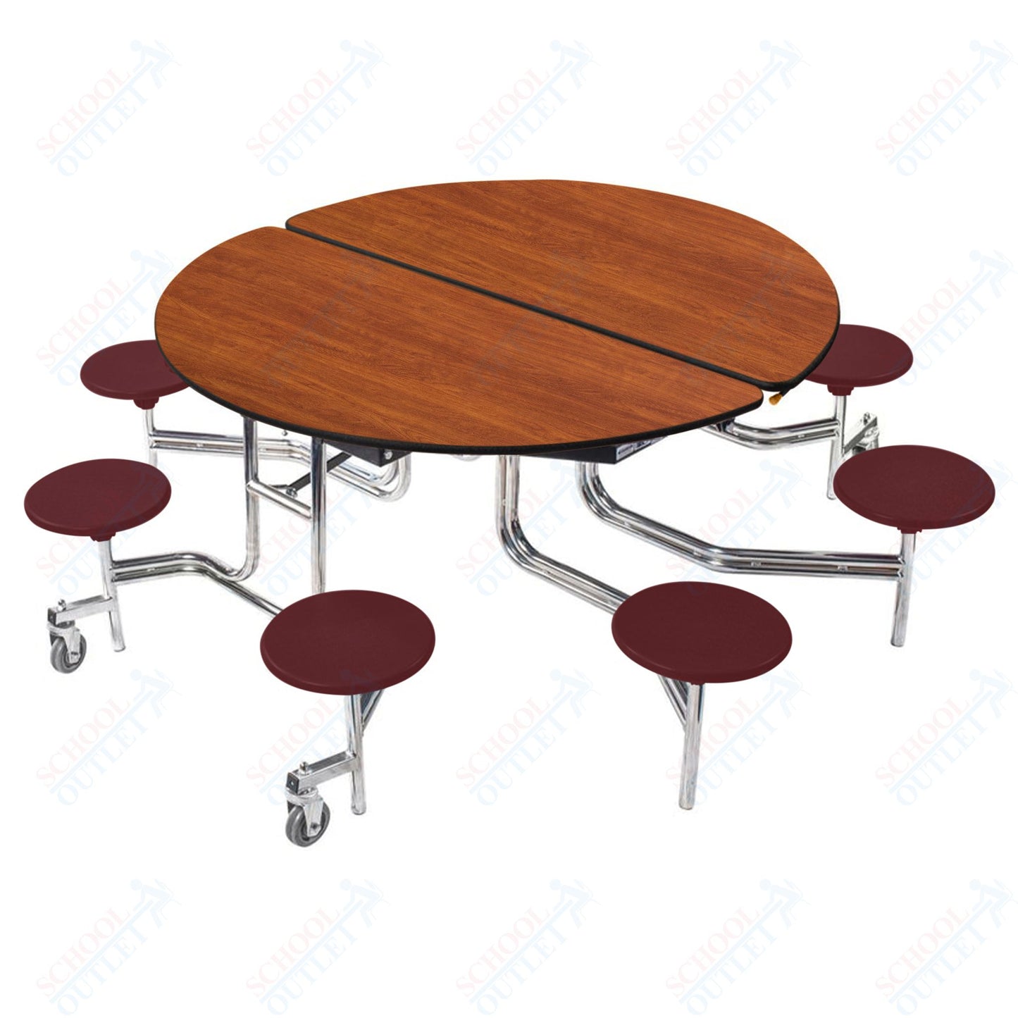NPS 60" Round Mobile Cafeteria Table - 8 Stools - Plywood Core - Protect Edge - Chrome Frame