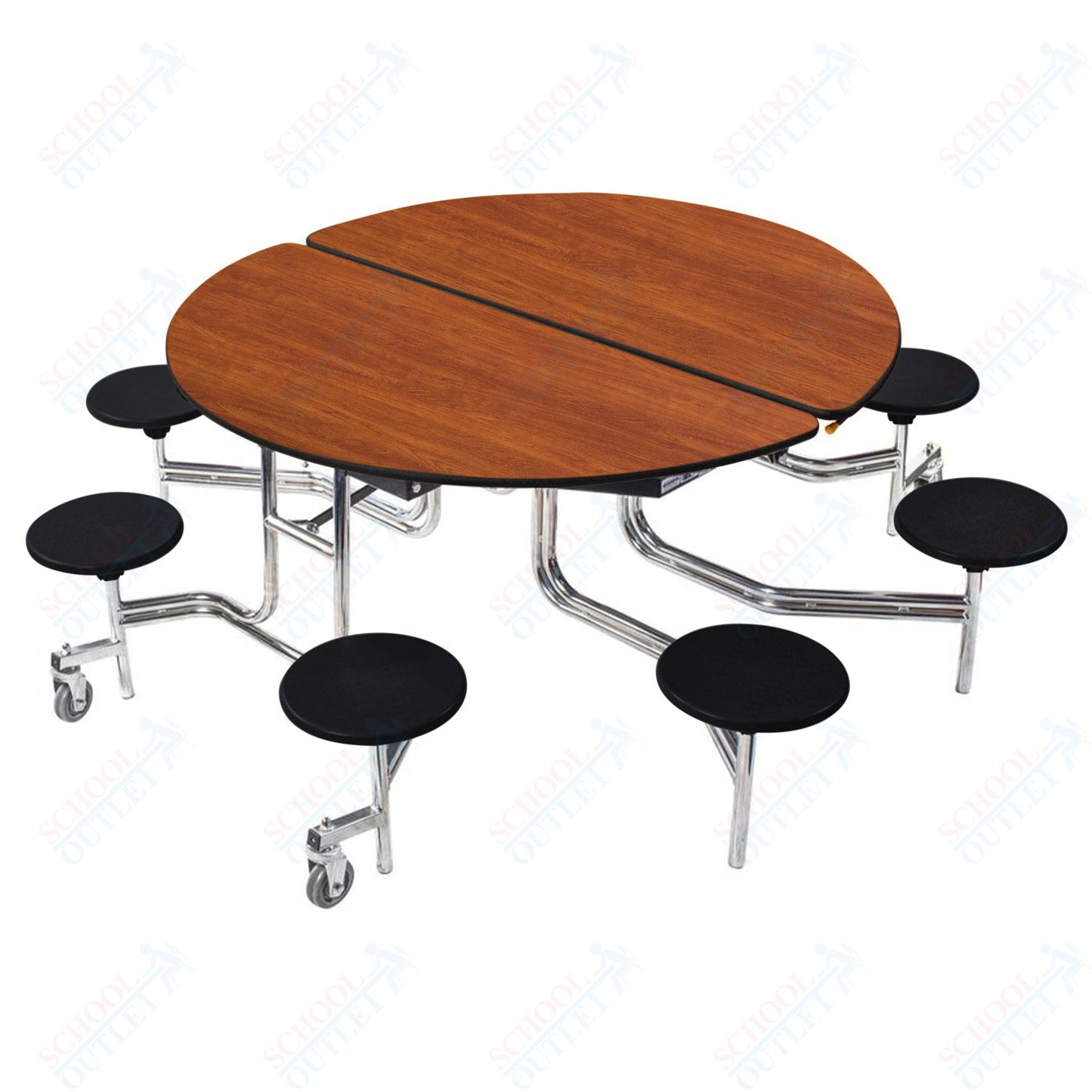NPS 60" Round Mobile Cafeteria Table - 8 Stools - Plywood Core - Protect Edge - Chrome Frame