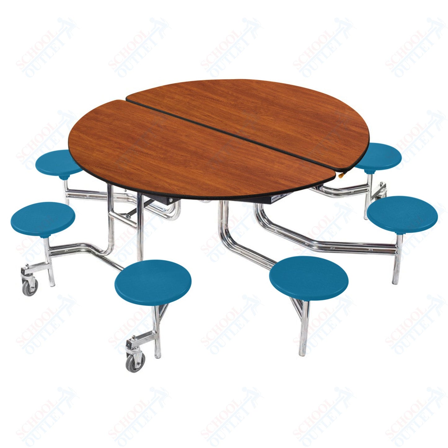 NPS 60" Round Mobile Cafeteria Table - 8 Stools - Plywood Core - Protect Edge - Chrome Frame