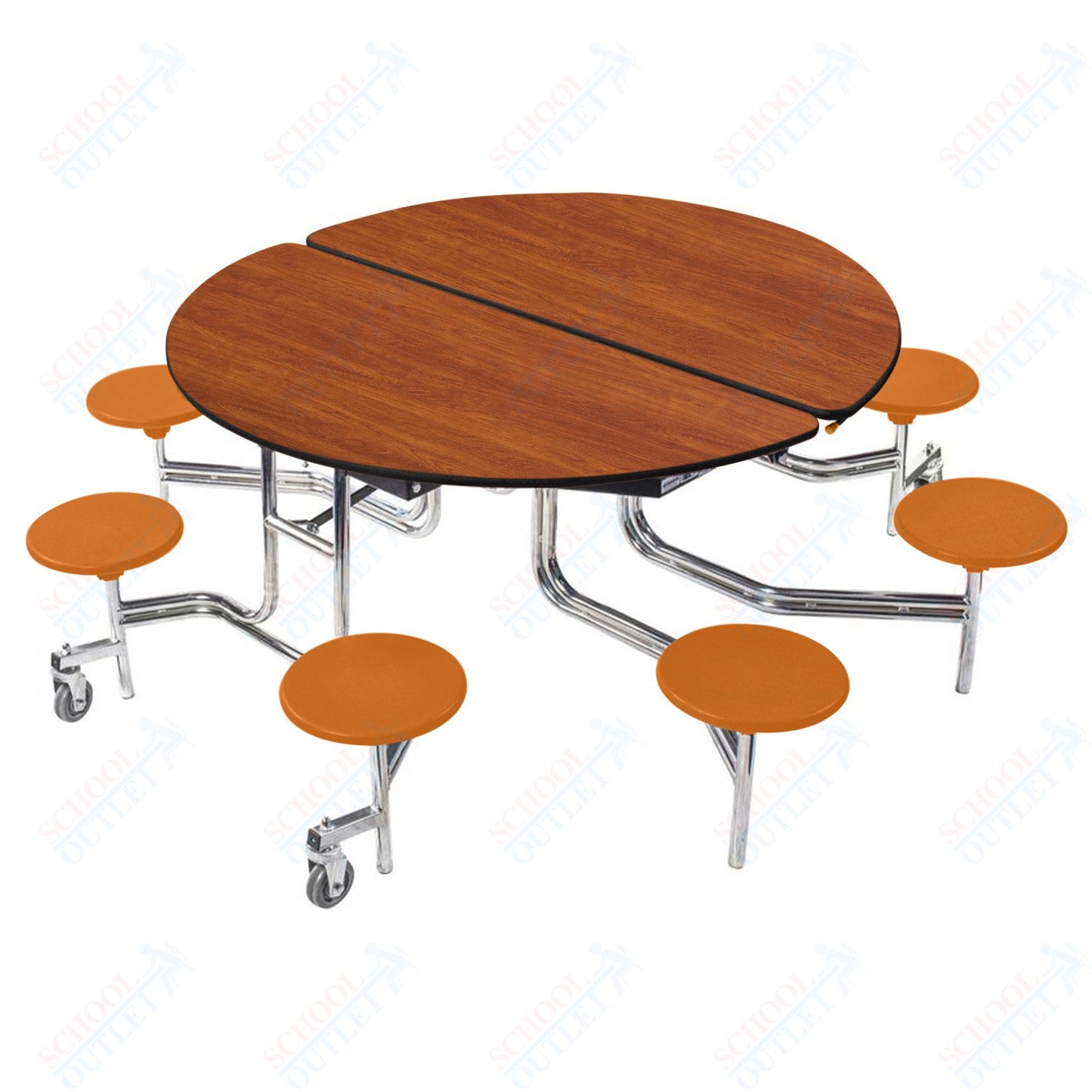 NPS 60" Round Mobile Cafeteria Table - 8 Stools - Plywood Core - Protect Edge - Chrome Frame