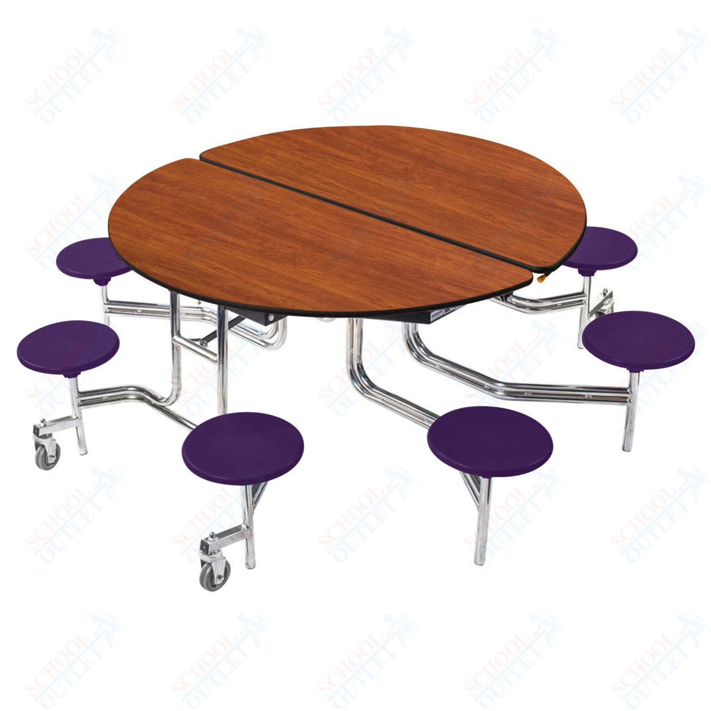NPS 60" Round Mobile Cafeteria Table - 8 Stools - Plywood Core - Protect Edge - Chrome Frame