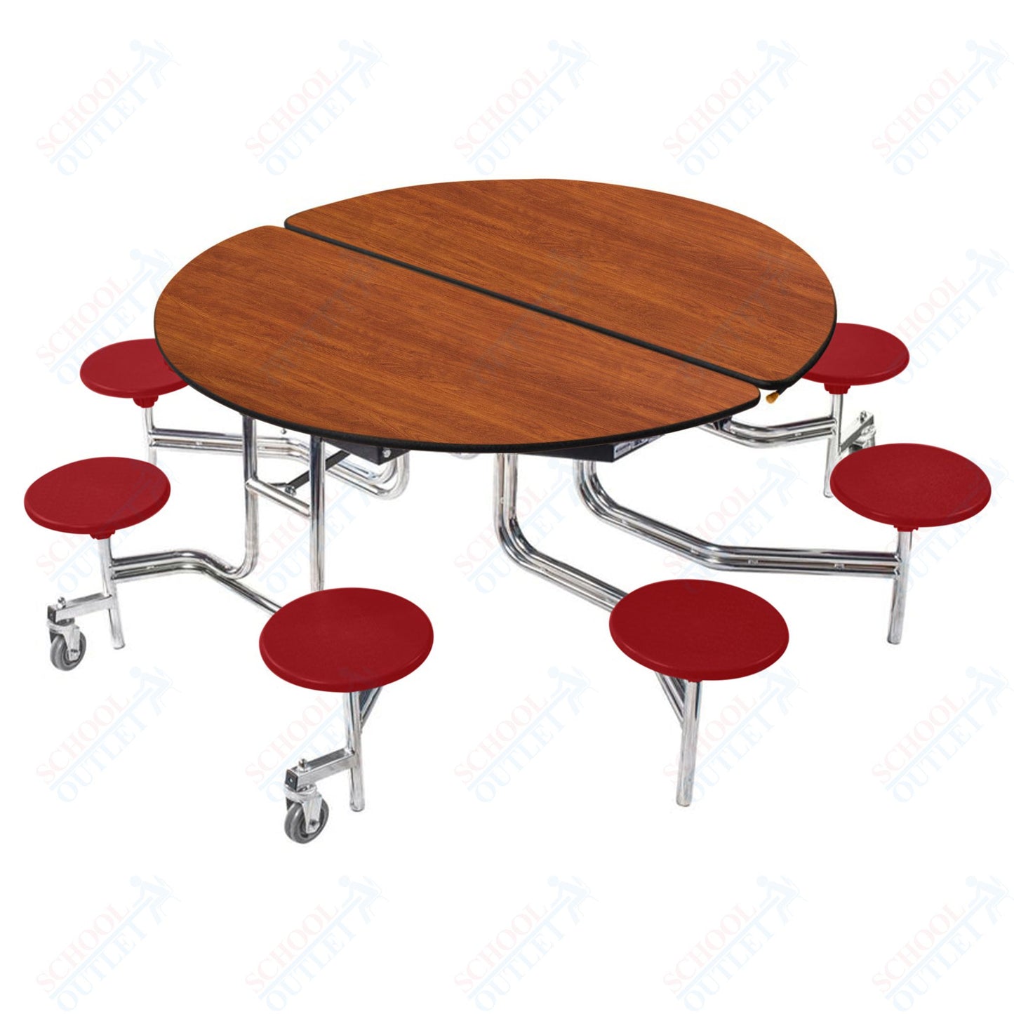 NPS 60" Round Mobile Cafeteria Table - 8 Stools - Plywood Core - Protect Edge - Chrome Frame