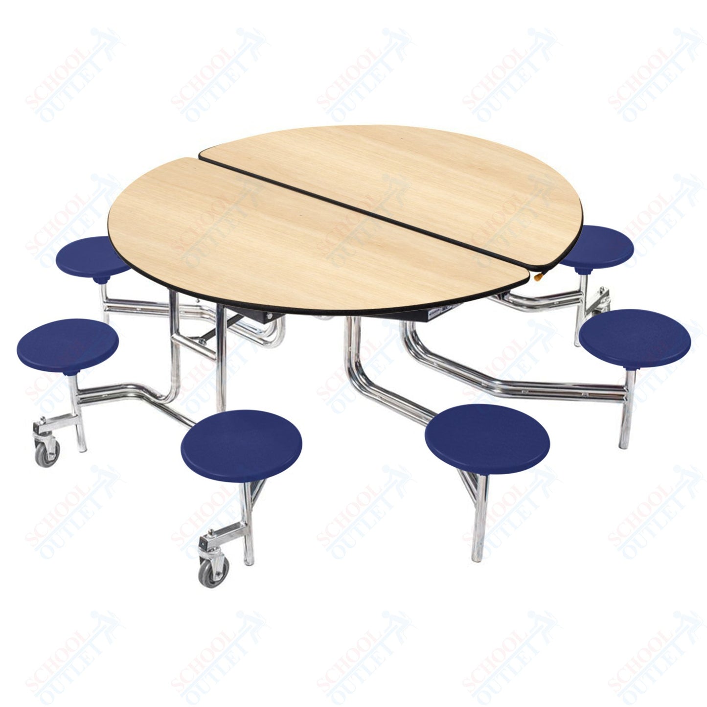 NPS 60" Round Mobile Cafeteria Table - 8 Stools - Plywood Core - Protect Edge - Chrome Frame