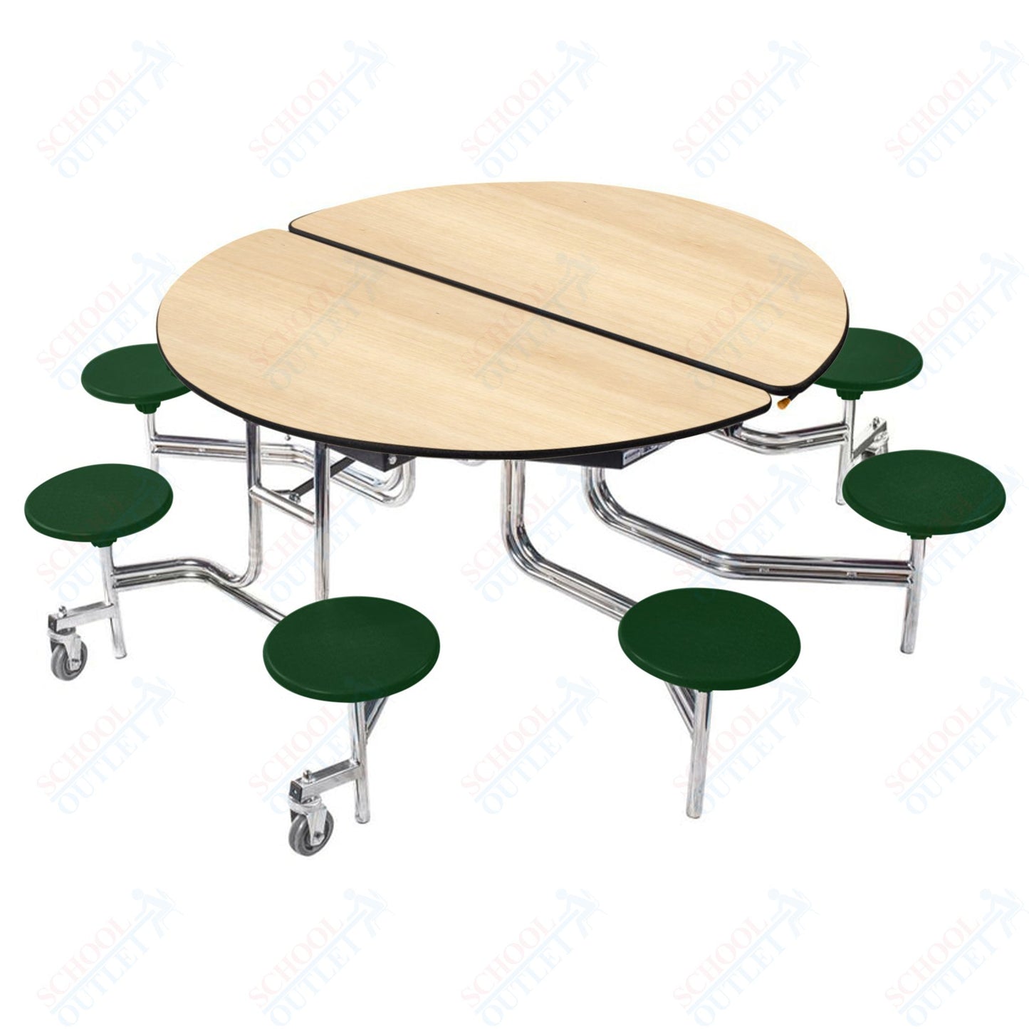 NPS 60" Round Mobile Cafeteria Table - 8 Stools - Plywood Core - Protect Edge - Chrome Frame