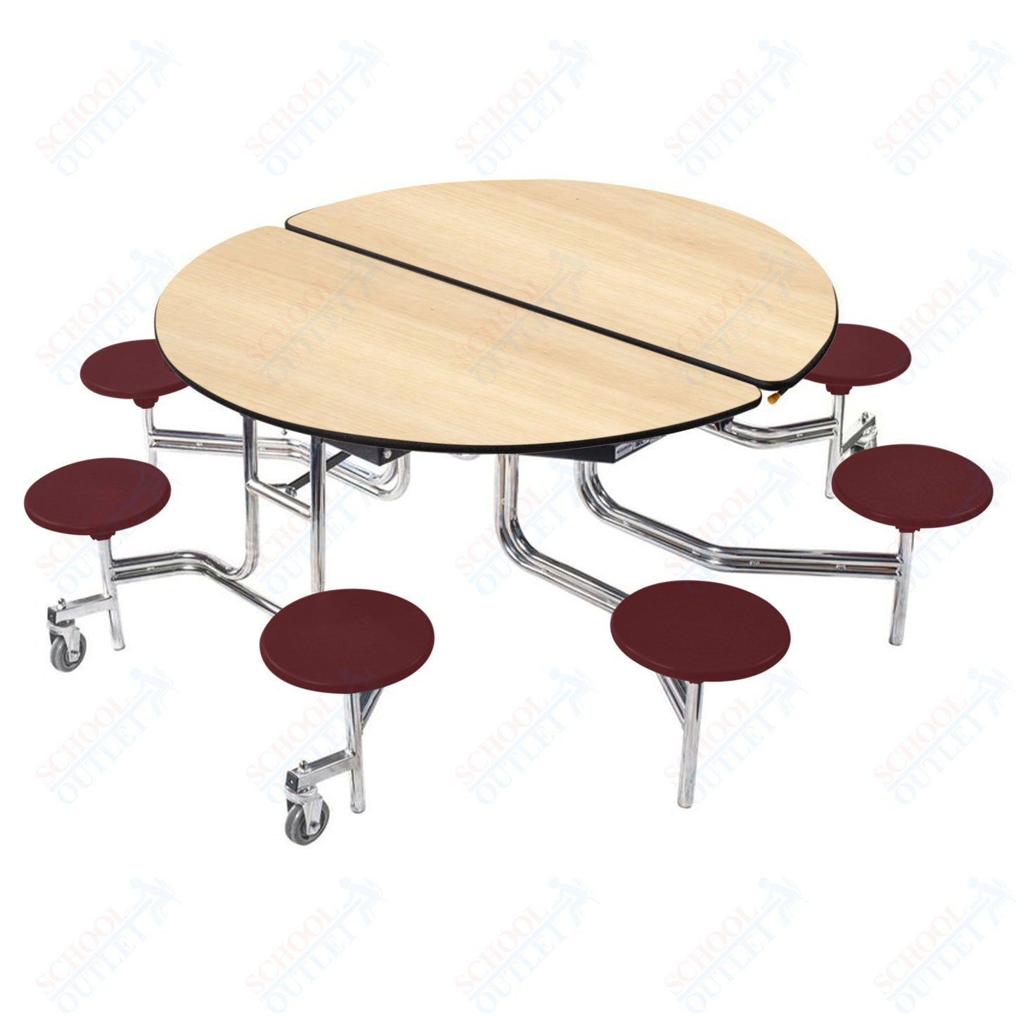 NPS 60" Round Mobile Cafeteria Table - 8 Stools - Plywood Core - Protect Edge - Chrome Frame