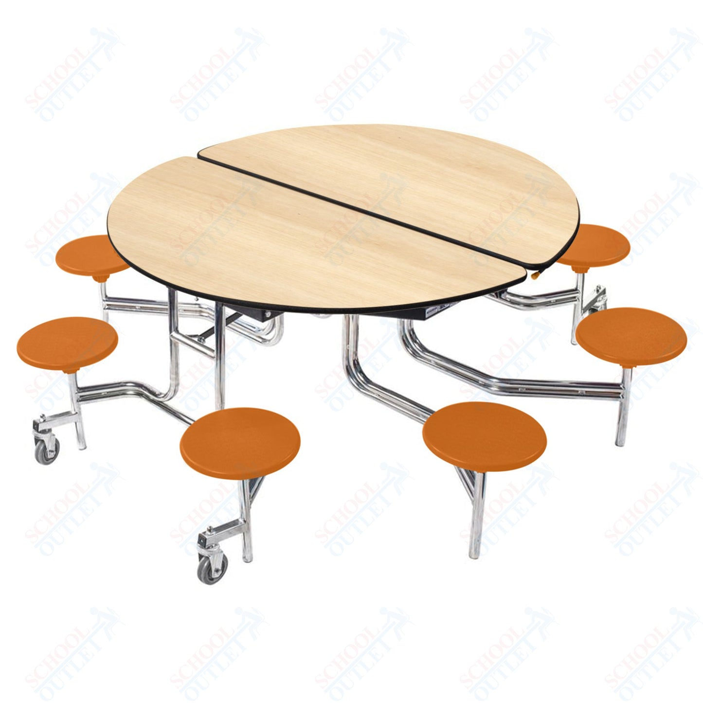 NPS 60" Round Mobile Cafeteria Table - 8 Stools - Plywood Core - Protect Edge - Chrome Frame