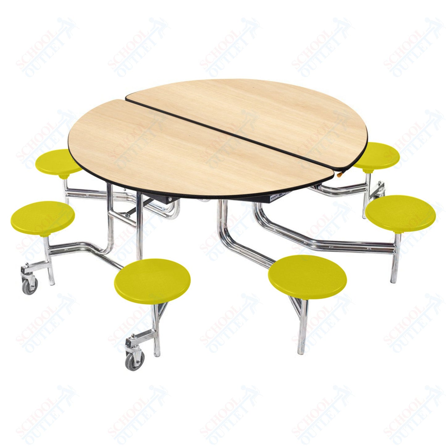 NPS 60" Round Mobile Cafeteria Table - 8 Stools - Plywood Core - Protect Edge - Chrome Frame