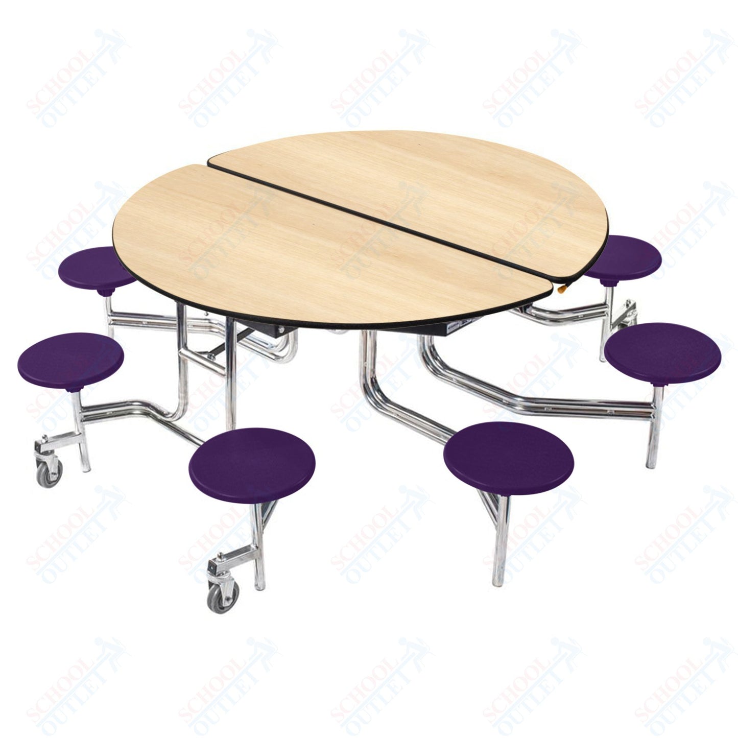 NPS 60" Round Mobile Cafeteria Table - 8 Stools - Plywood Core - Protect Edge - Chrome Frame