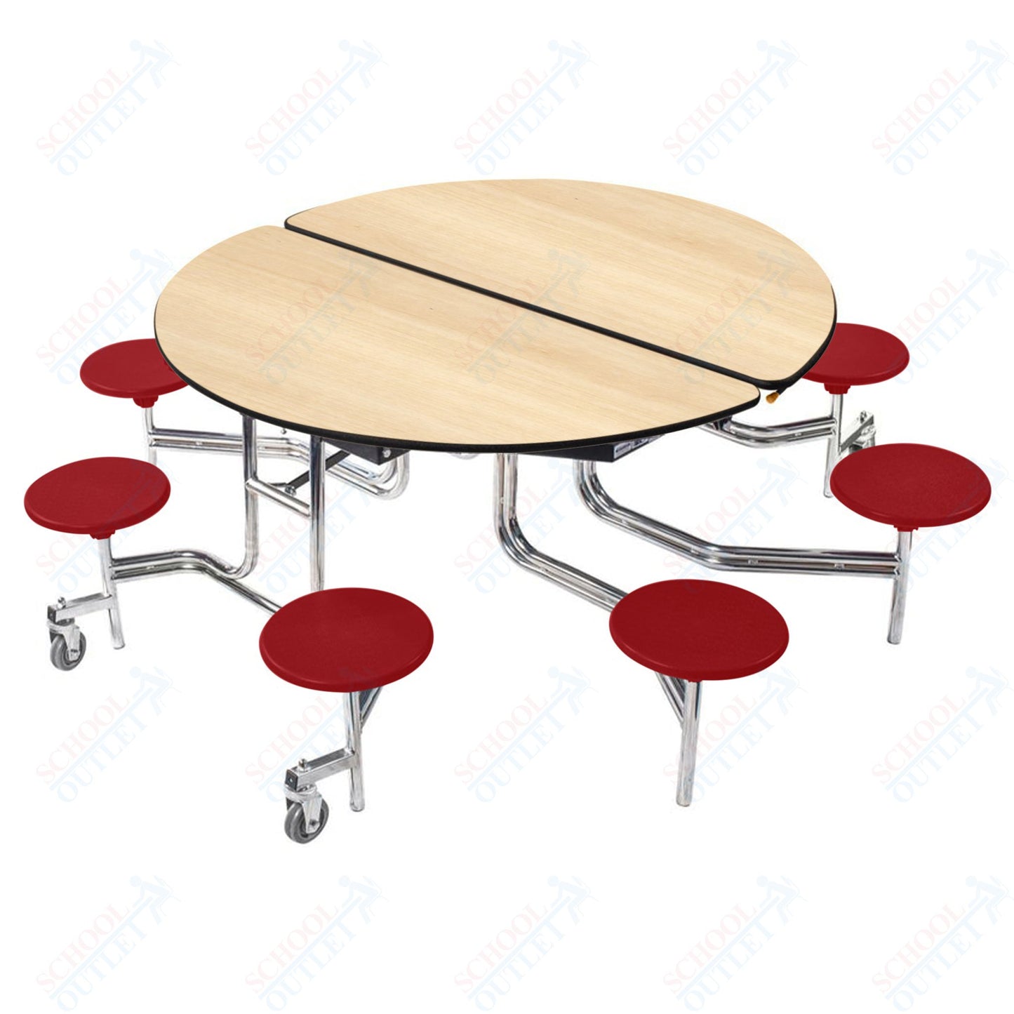 NPS 60" Round Mobile Cafeteria Table - 8 Stools - Plywood Core - Protect Edge - Chrome Frame