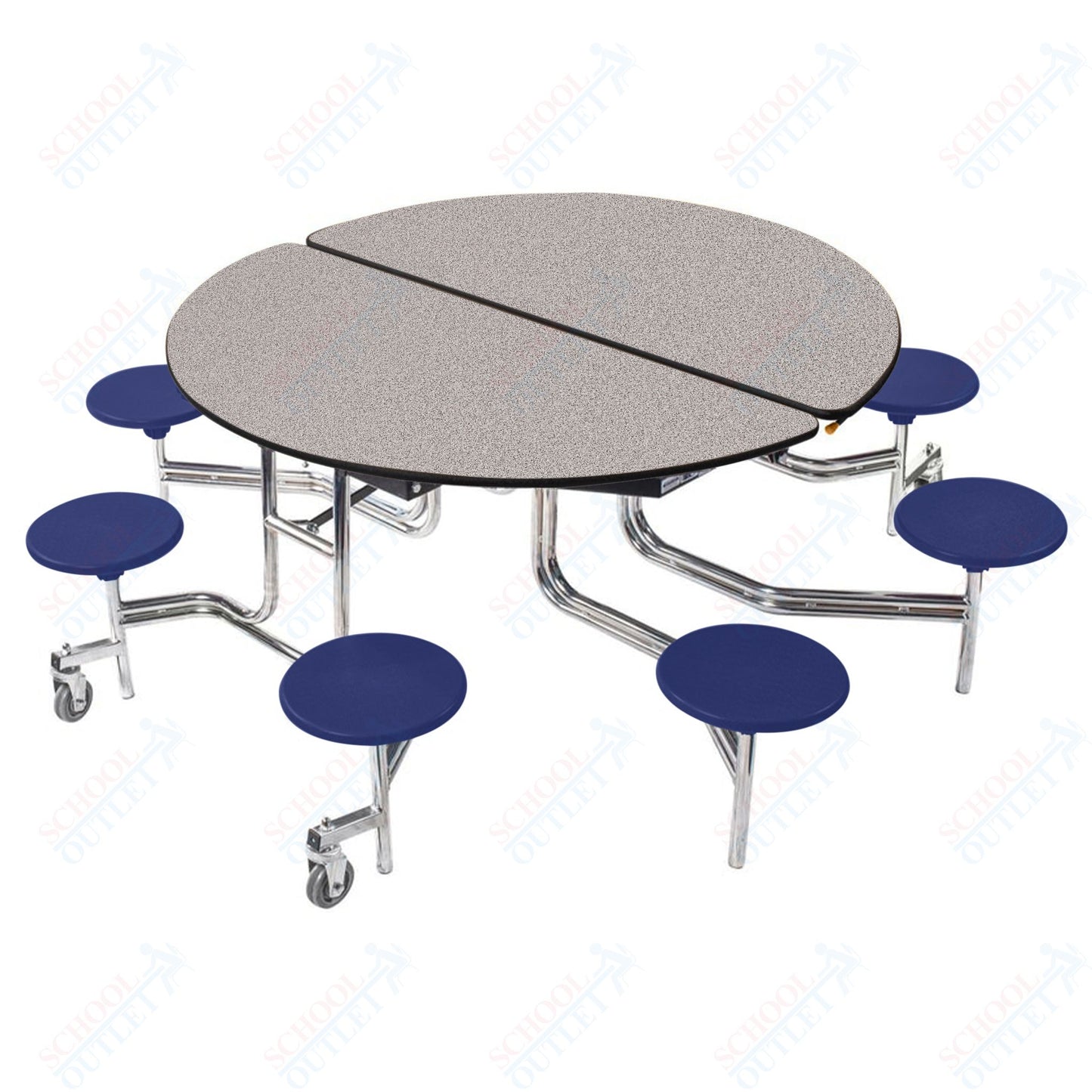 NPS 60" Round Mobile Cafeteria Table - 8 Stools - Plywood Core - Protect Edge - Chrome Frame