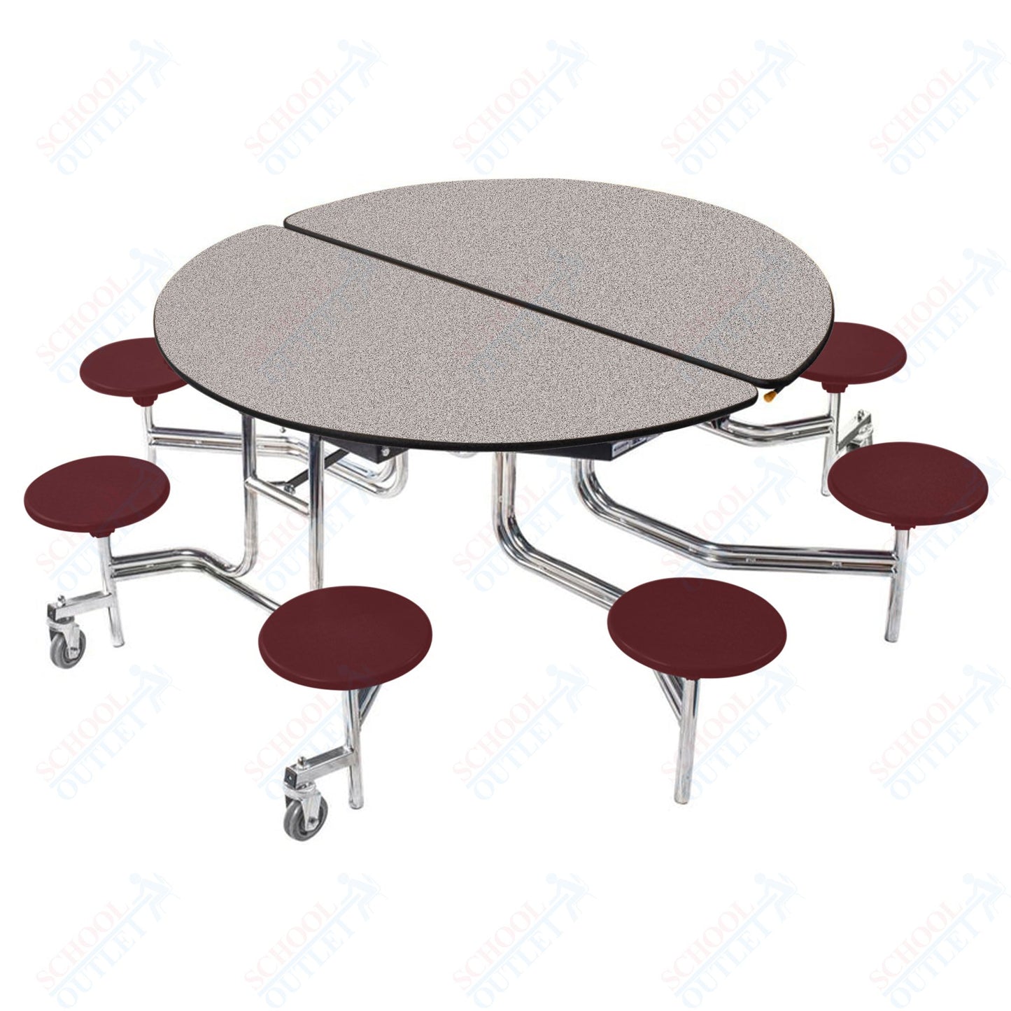 NPS 60" Round Mobile Cafeteria Table - 8 Stools - Plywood Core - Protect Edge - Chrome Frame