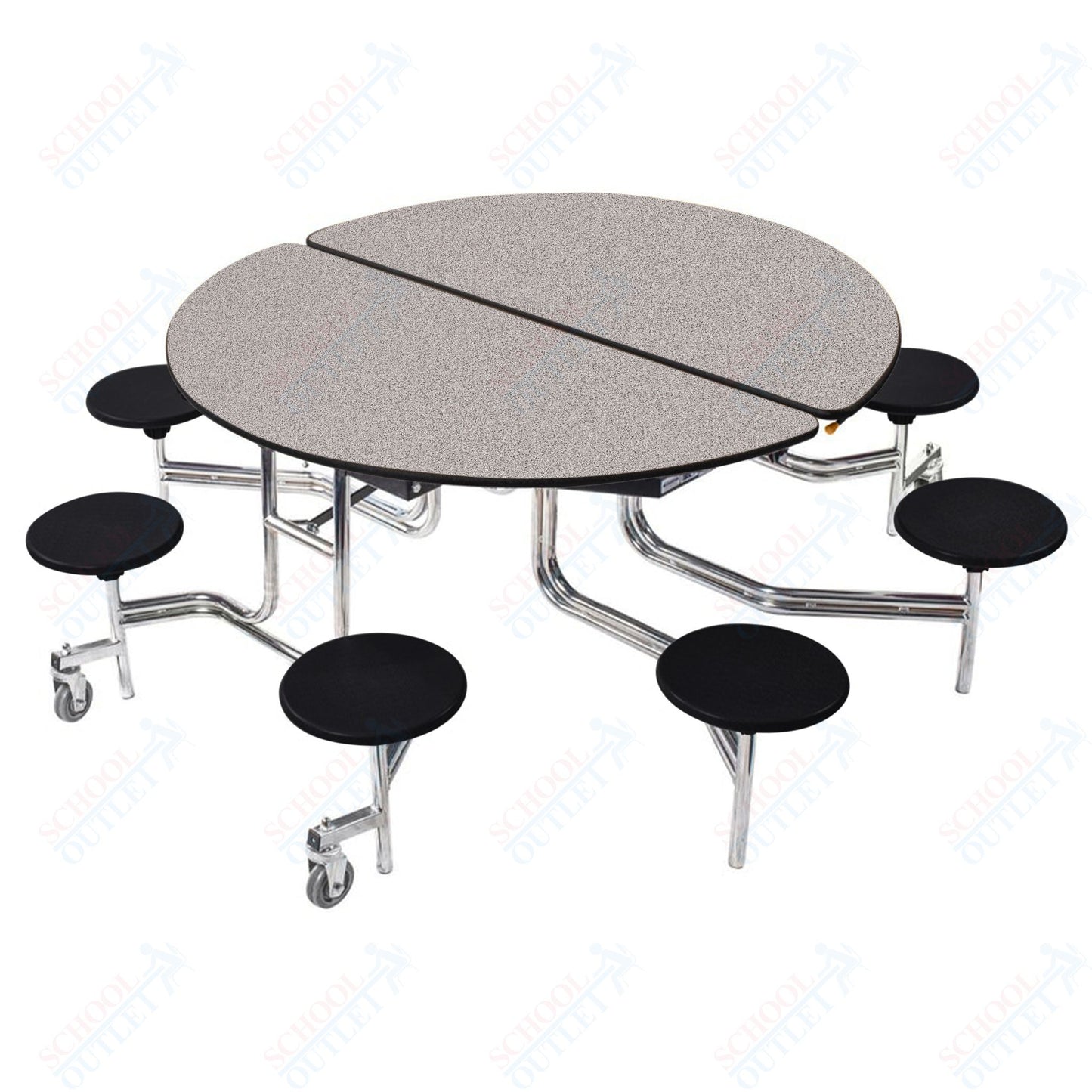 NPS 60" Round Mobile Cafeteria Table - 8 Stools - Plywood Core - Protect Edge - Chrome Frame