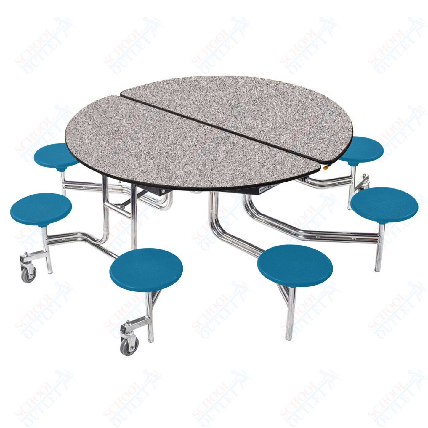 NPS 60" Round Mobile Cafeteria Table - 8 Stools - Plywood Core - Protect Edge - Chrome Frame