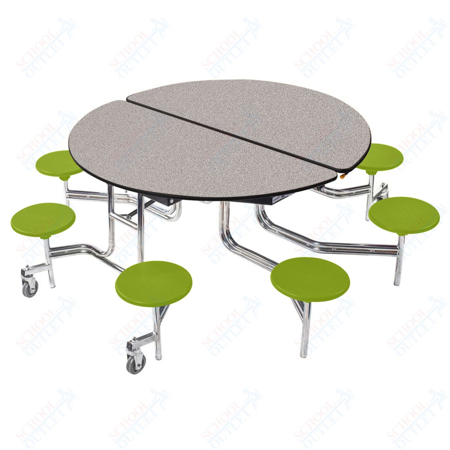 NPS 60" Round Mobile Cafeteria Table - 8 Stools - Plywood Core - Protect Edge - Chrome Frame