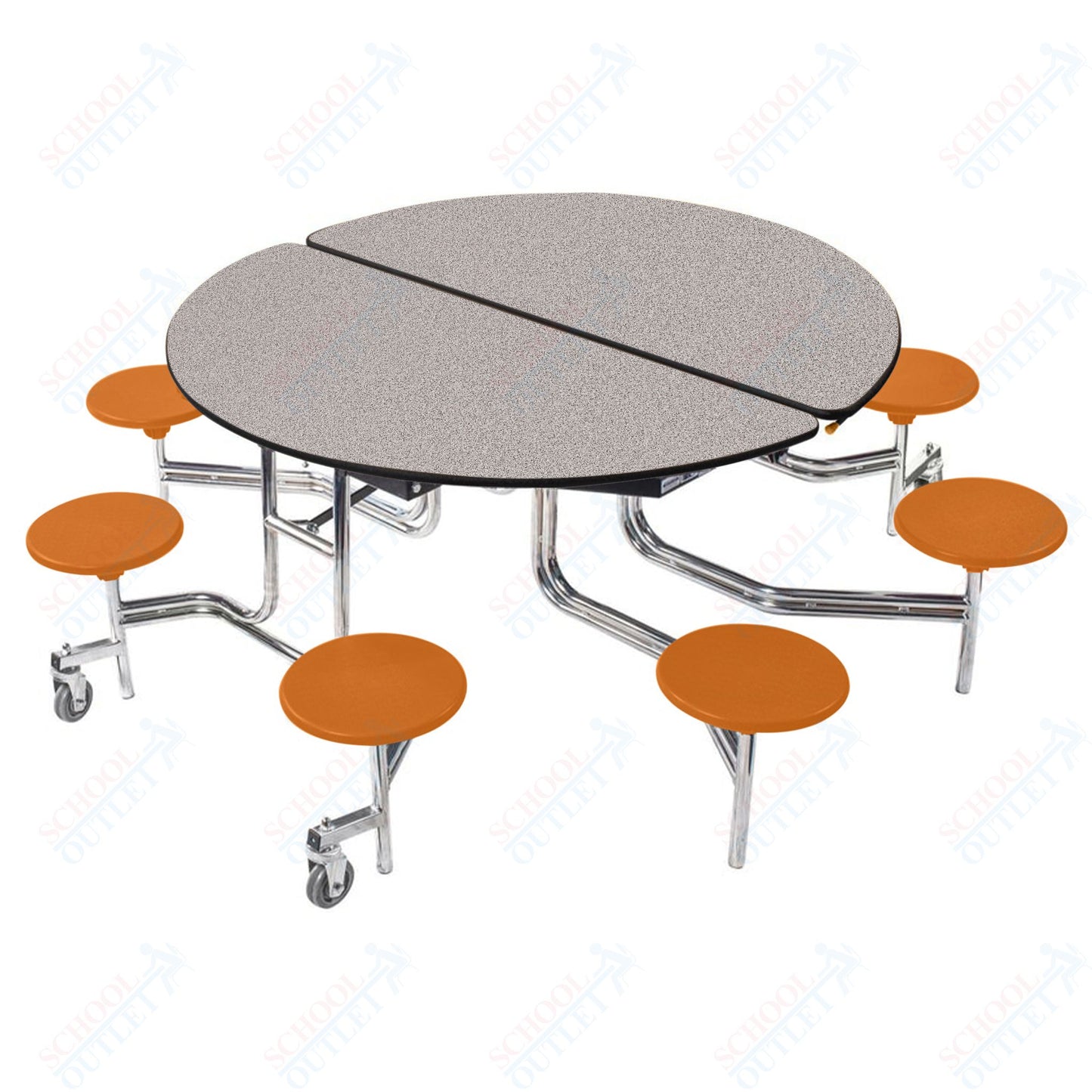 NPS 60" Round Mobile Cafeteria Table - 8 Stools - Plywood Core - Protect Edge - Chrome Frame