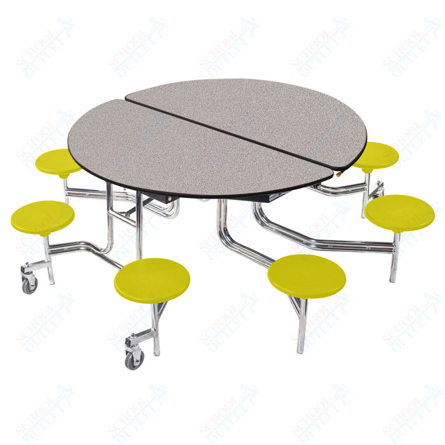 NPS 60" Round Mobile Cafeteria Table - 8 Stools - Plywood Core - Protect Edge - Chrome Frame