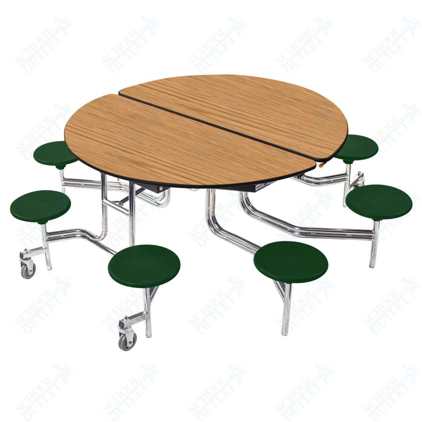 NPS 60" Round Mobile Cafeteria Table - 8 Stools - Plywood Core - Protect Edge - Chrome Frame