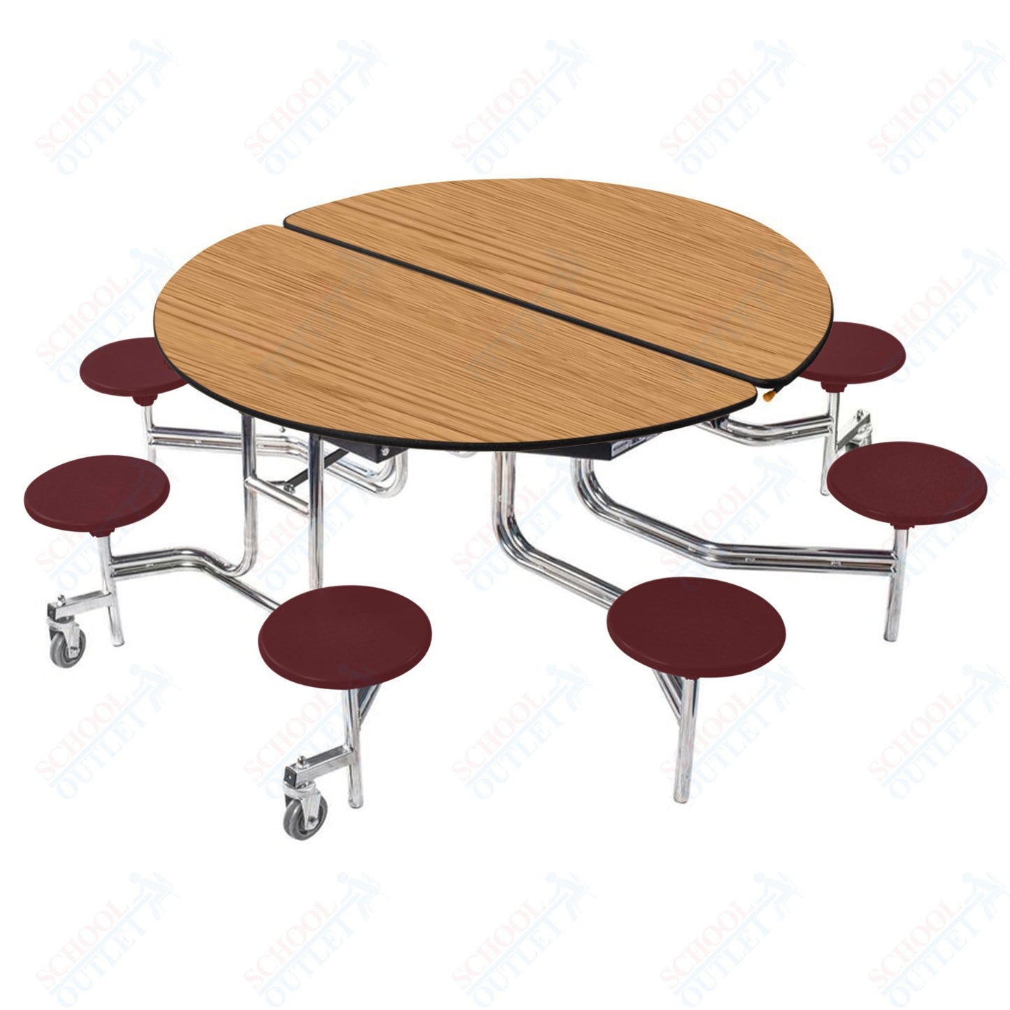 NPS 60" Round Mobile Cafeteria Table - 8 Stools - Plywood Core - Protect Edge - Chrome Frame