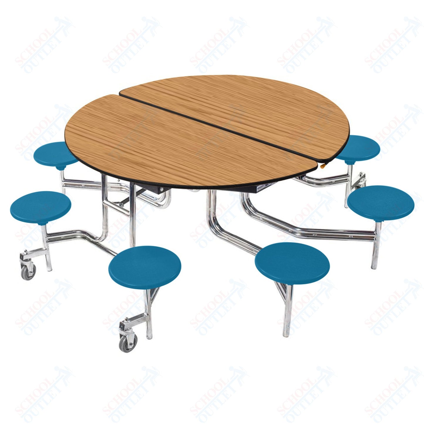 NPS 60" Round Mobile Cafeteria Table - 8 Stools - Plywood Core - Protect Edge - Chrome Frame