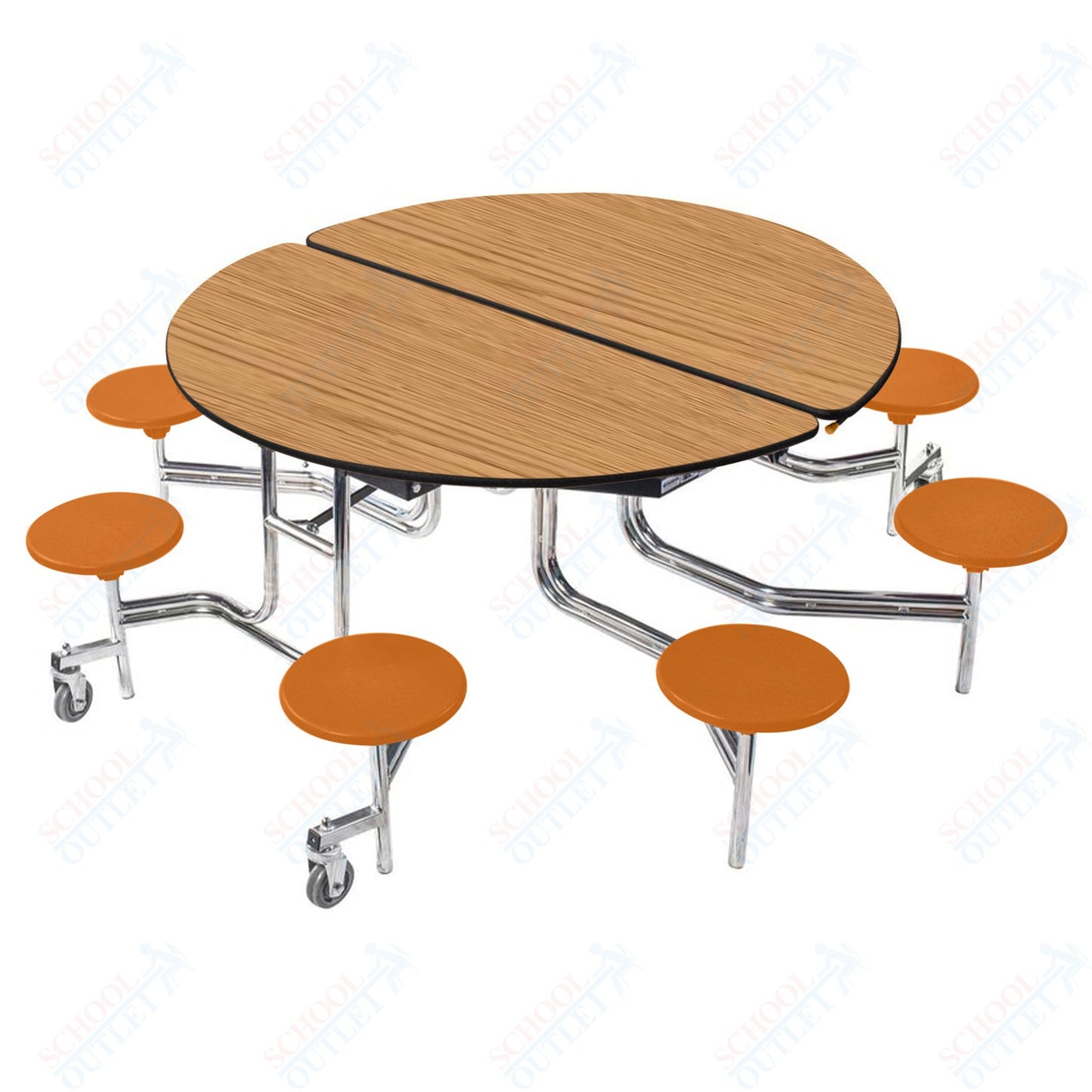 NPS 60" Round Mobile Cafeteria Table - 8 Stools - Plywood Core - Protect Edge - Chrome Frame