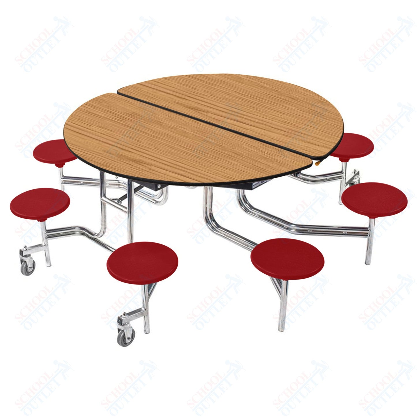NPS 60" Round Mobile Cafeteria Table - 8 Stools - Plywood Core - Protect Edge - Chrome Frame