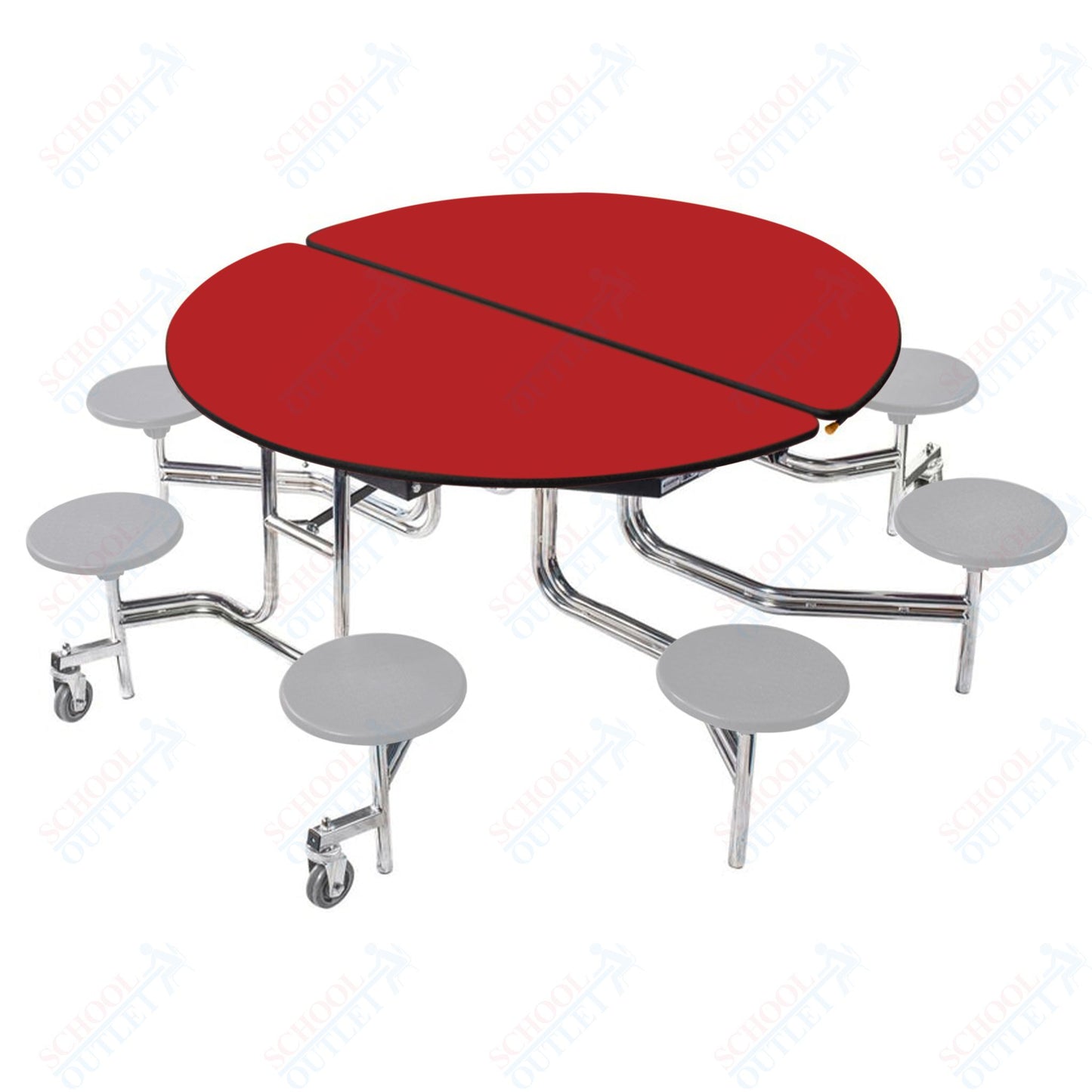 NPS 60" Round Mobile Cafeteria Table - 8 Stools - Plywood Core - Protect Edge - Chrome Frame