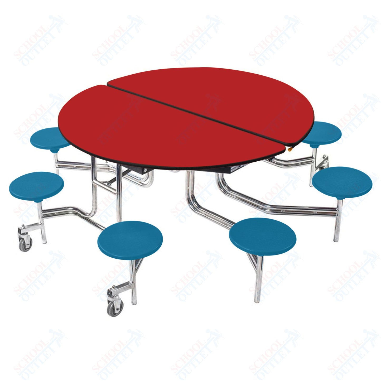 NPS 60" Round Mobile Cafeteria Table - 8 Stools - Plywood Core - Protect Edge - Chrome Frame