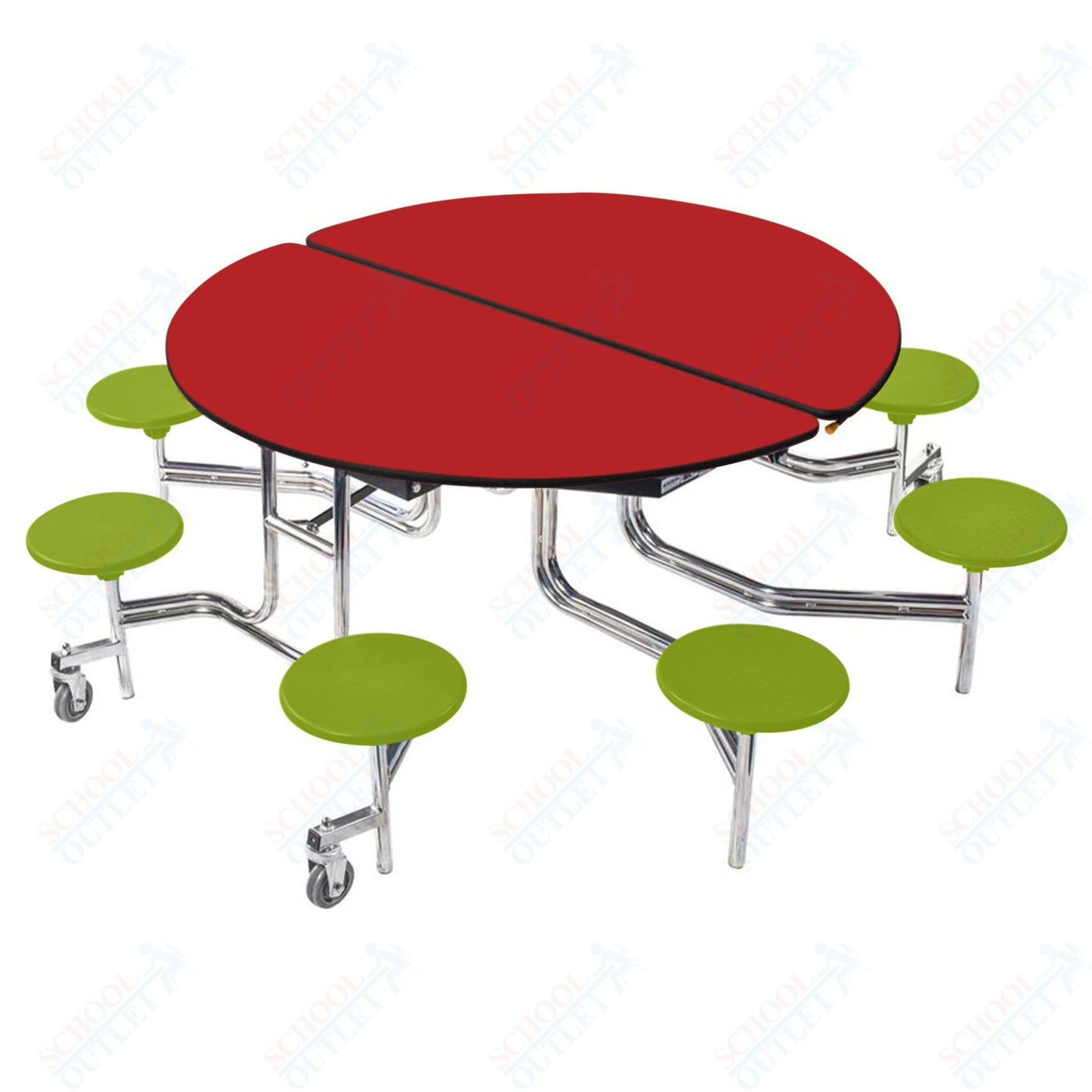NPS 60" Round Mobile Cafeteria Table - 8 Stools - Plywood Core - Protect Edge - Chrome Frame