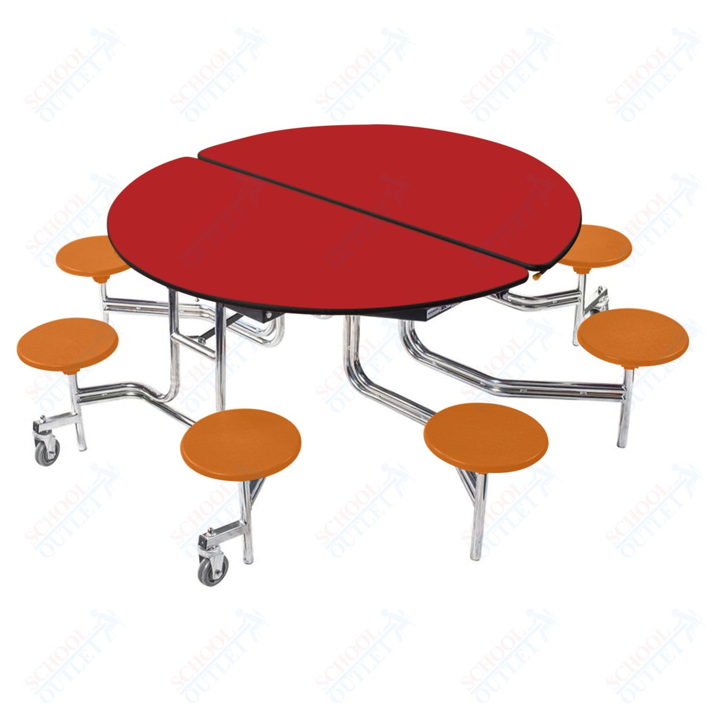 NPS 60" Round Mobile Cafeteria Table - 8 Stools - Plywood Core - Protect Edge - Chrome Frame