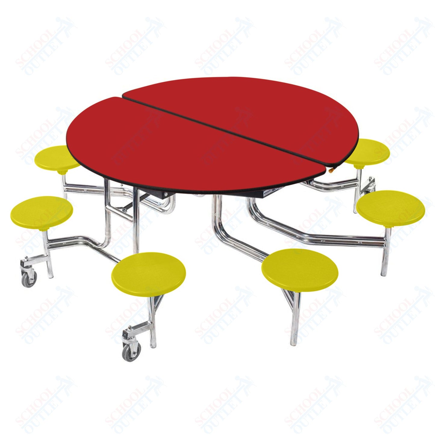 NPS 60" Round Mobile Cafeteria Table - 8 Stools - Plywood Core - Protect Edge - Chrome Frame