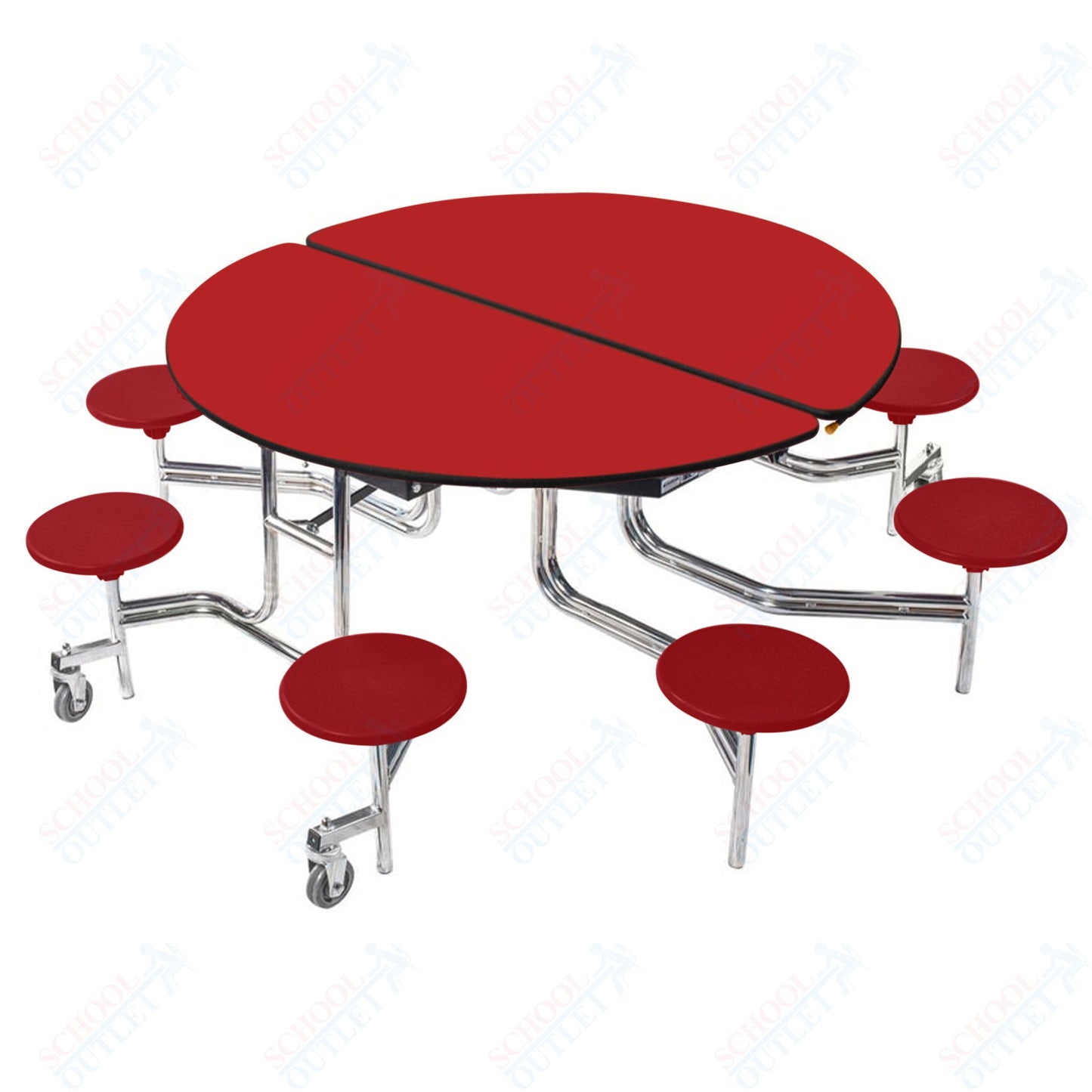 NPS 60" Round Mobile Cafeteria Table - 8 Stools - Plywood Core - Protect Edge - Chrome Frame