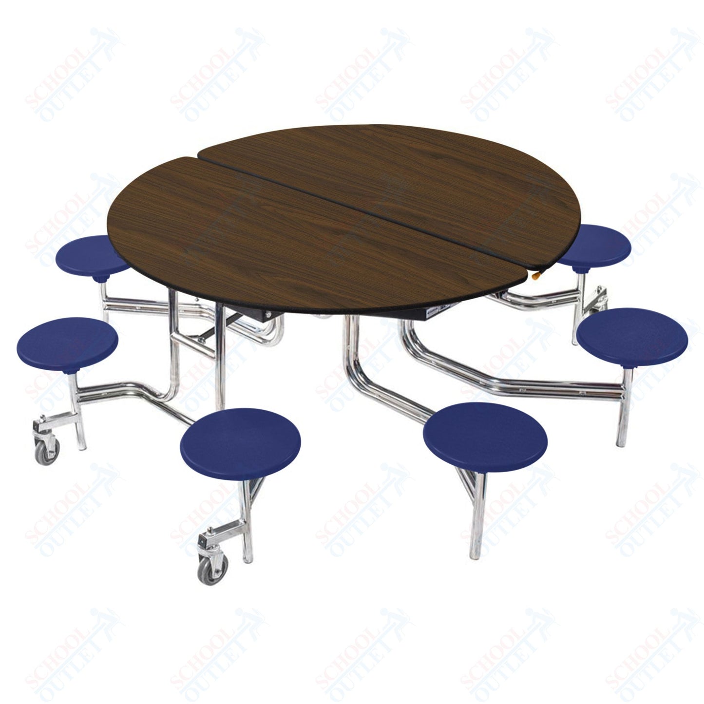 NPS 60" Round Mobile Cafeteria Table - 8 Stools - Plywood Core - Protect Edge - Chrome Frame