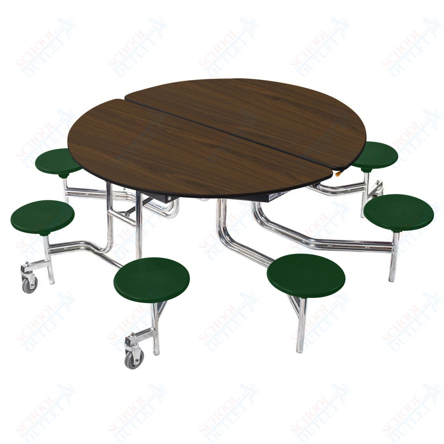 NPS 60" Round Mobile Cafeteria Table - 8 Stools - Plywood Core - Protect Edge - Chrome Frame