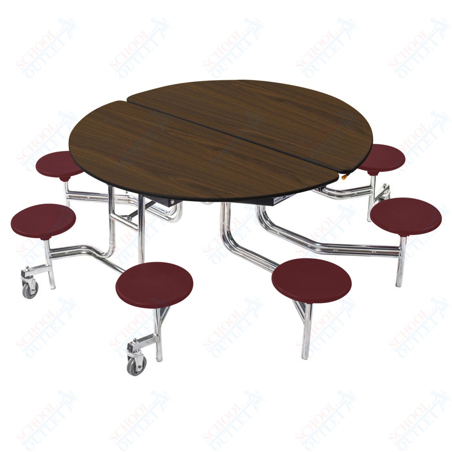 NPS 60" Round Mobile Cafeteria Table - 8 Stools - Plywood Core - Protect Edge - Chrome Frame