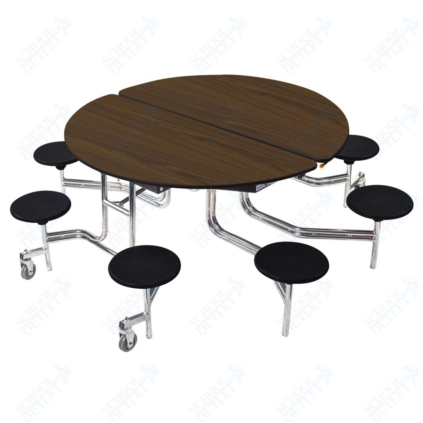 NPS 60" Round Mobile Cafeteria Table - 8 Stools - Plywood Core - Protect Edge - Chrome Frame