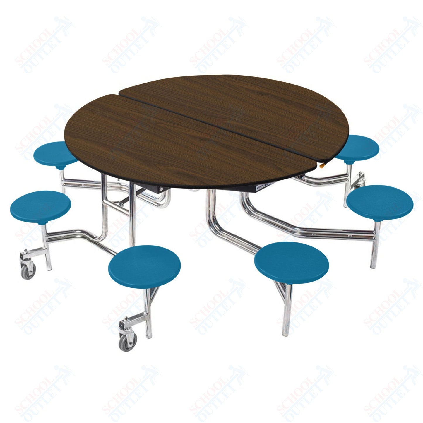 NPS 60" Round Mobile Cafeteria Table - 8 Stools - Plywood Core - Protect Edge - Chrome Frame