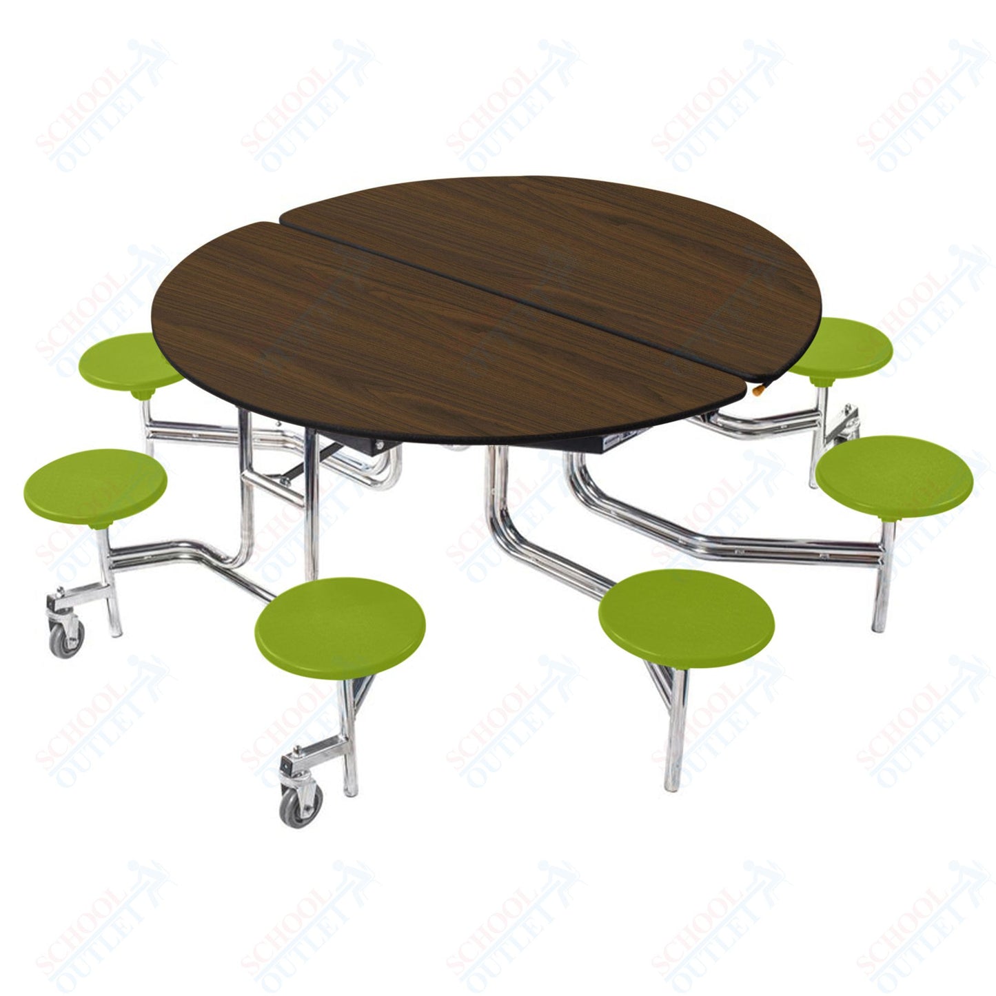 NPS 60" Round Mobile Cafeteria Table - 8 Stools - Plywood Core - Protect Edge - Chrome Frame