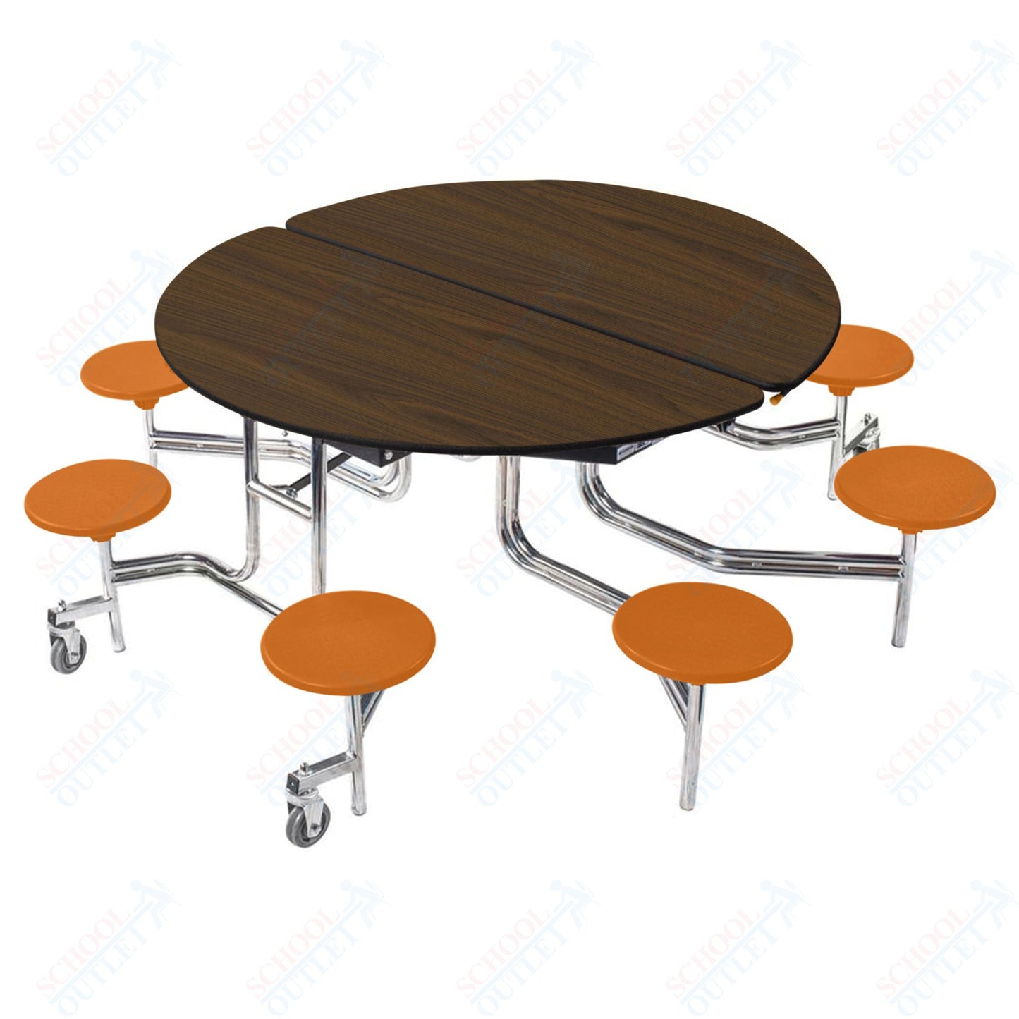 NPS 60" Round Mobile Cafeteria Table - 8 Stools - Plywood Core - Protect Edge - Chrome Frame