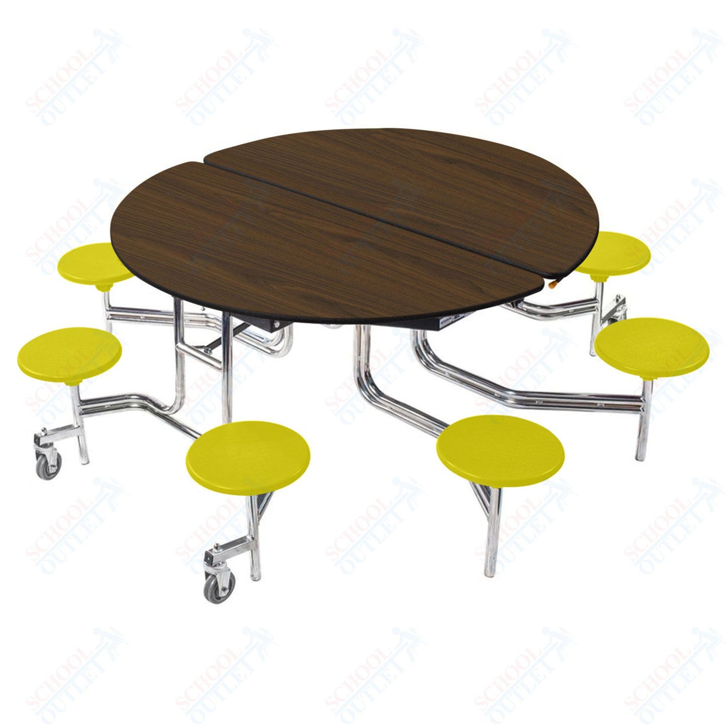 NPS 60" Round Mobile Cafeteria Table - 8 Stools - Plywood Core - Protect Edge - Chrome Frame