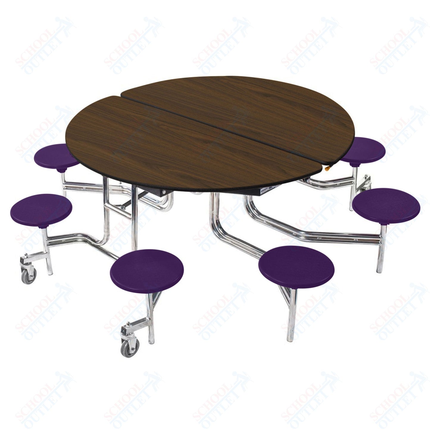 NPS 60" Round Mobile Cafeteria Table - 8 Stools - Plywood Core - Protect Edge - Chrome Frame