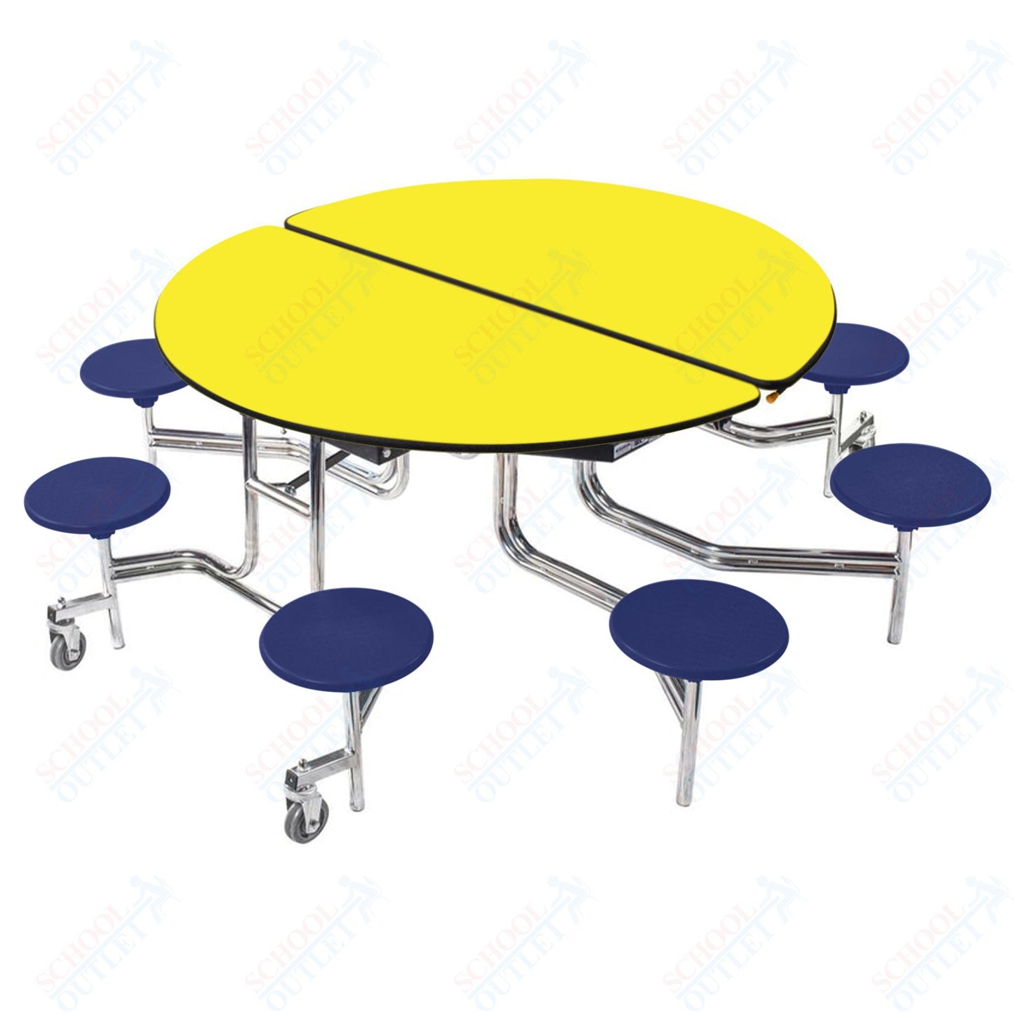 NPS 60" Round Mobile Cafeteria Table - 8 Stools - Plywood Core - Protect Edge - Chrome Frame