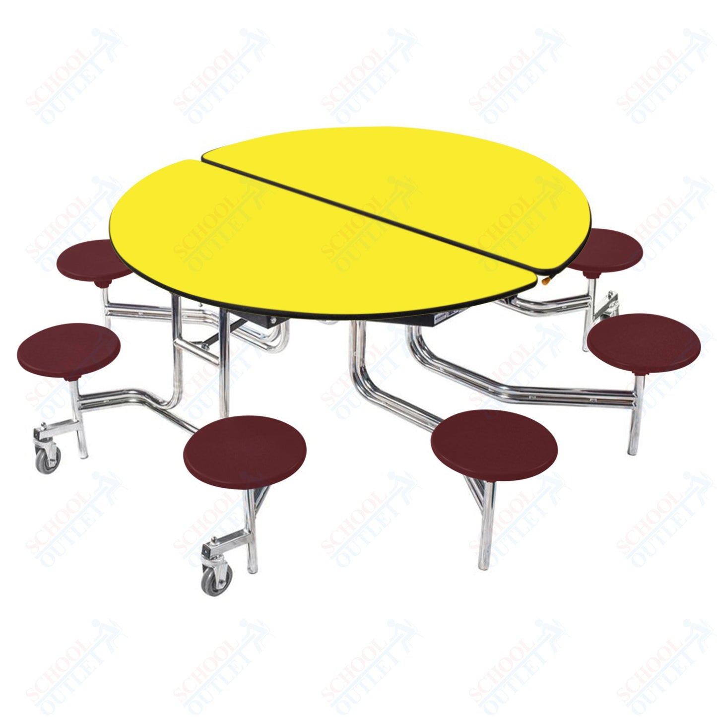 NPS 60" Round Mobile Cafeteria Table - 8 Stools - Plywood Core - Protect Edge - Chrome Frame