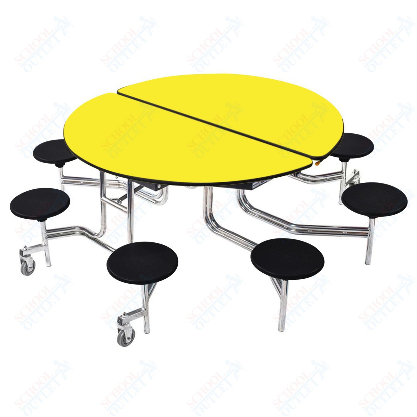 NPS 60" Round Mobile Cafeteria Table - 8 Stools - Plywood Core - Protect Edge - Chrome Frame
