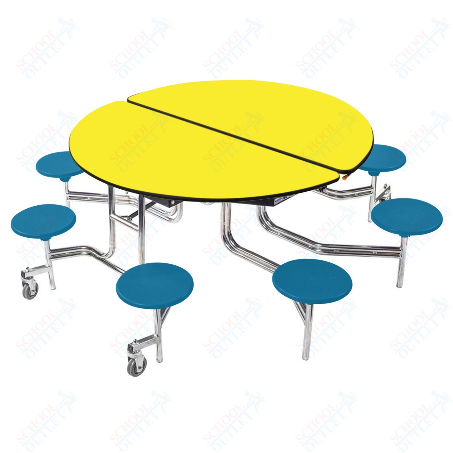 NPS 60" Round Mobile Cafeteria Table - 8 Stools - Plywood Core - Protect Edge - Chrome Frame