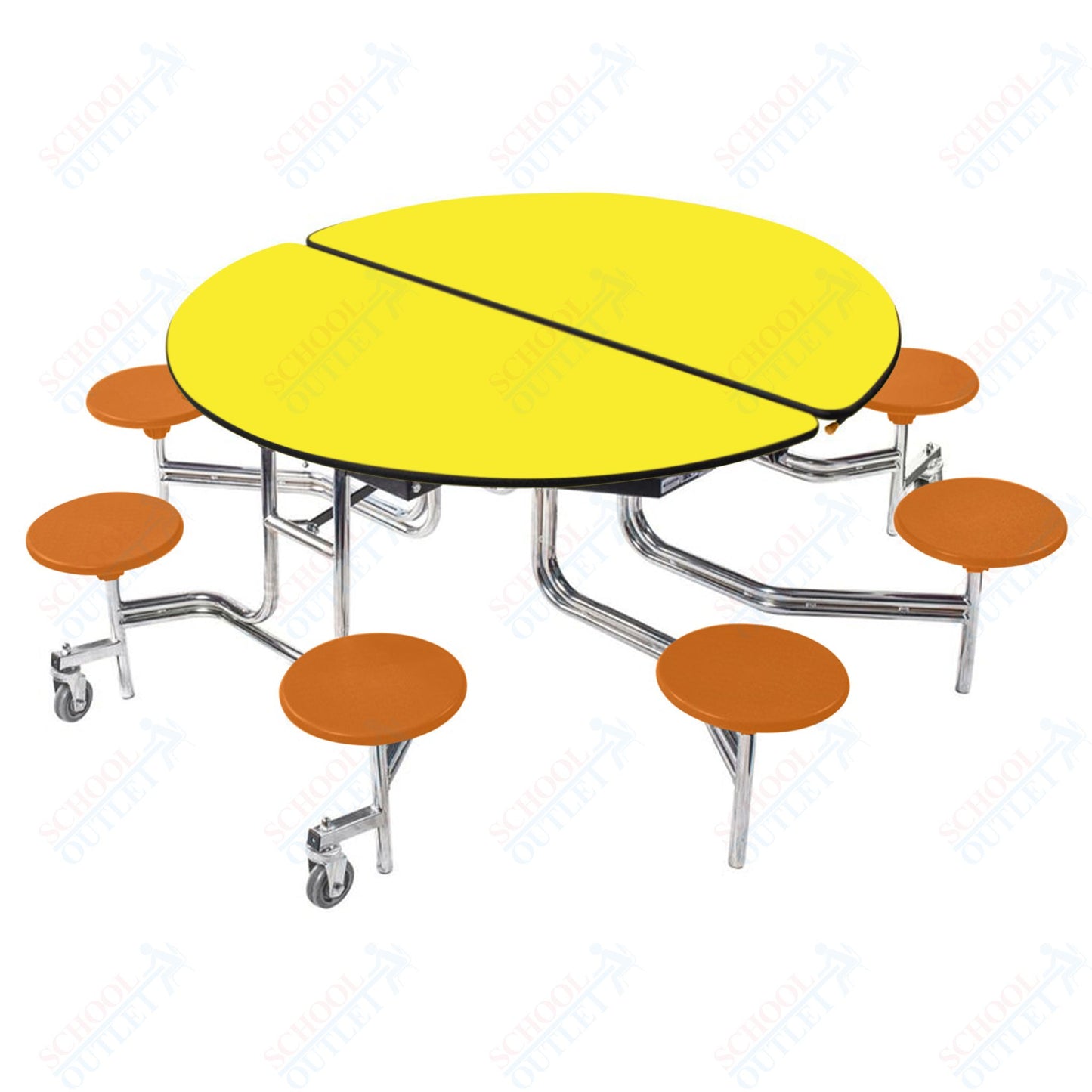 NPS 60" Round Mobile Cafeteria Table - 8 Stools - Plywood Core - Protect Edge - Chrome Frame