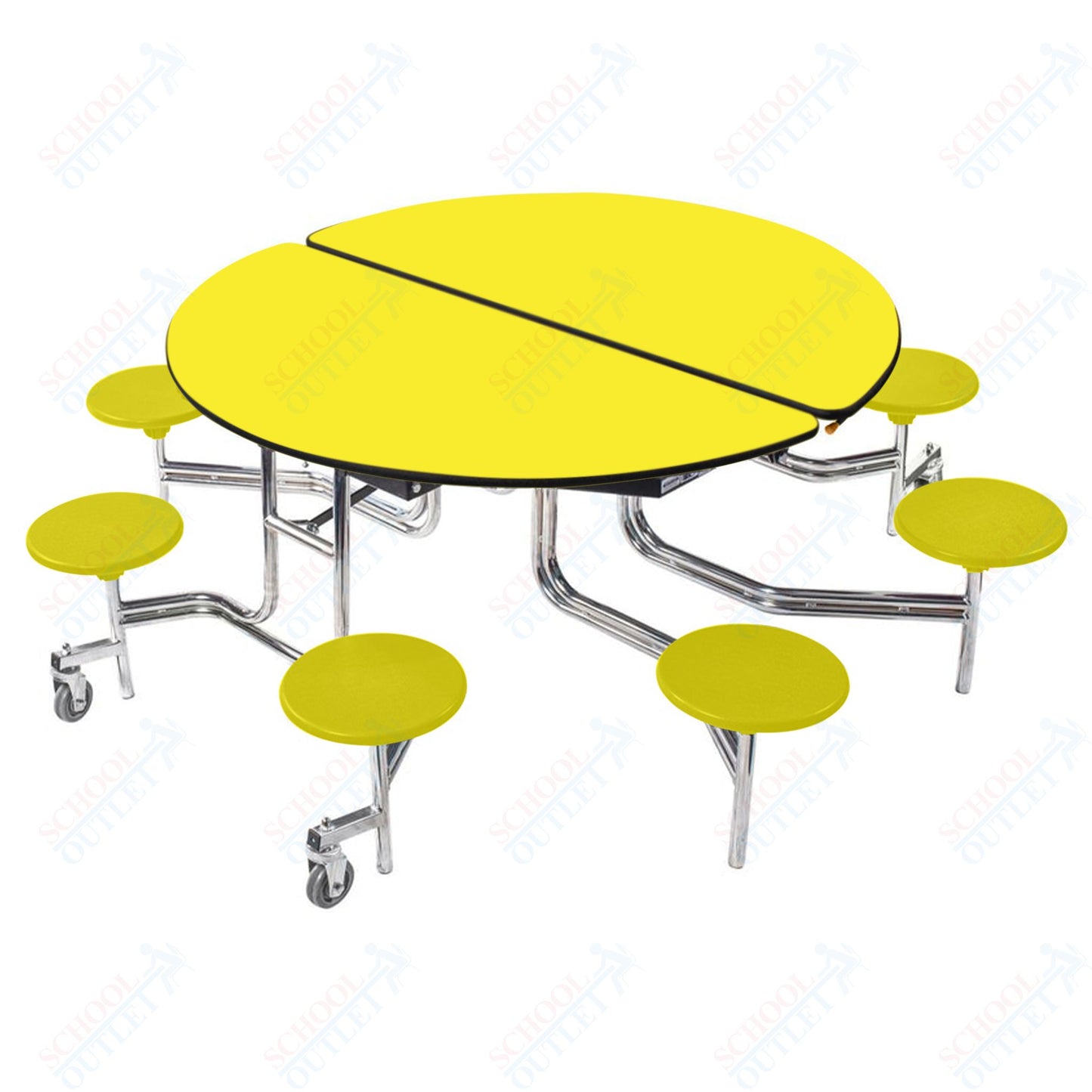 NPS 60" Round Mobile Cafeteria Table - 8 Stools - Plywood Core - Protect Edge - Chrome Frame