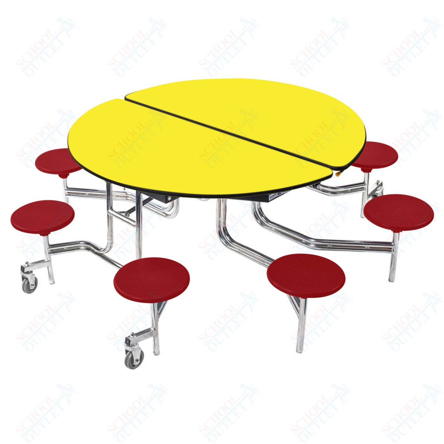 NPS 60" Round Mobile Cafeteria Table - 8 Stools - Plywood Core - Protect Edge - Chrome Frame