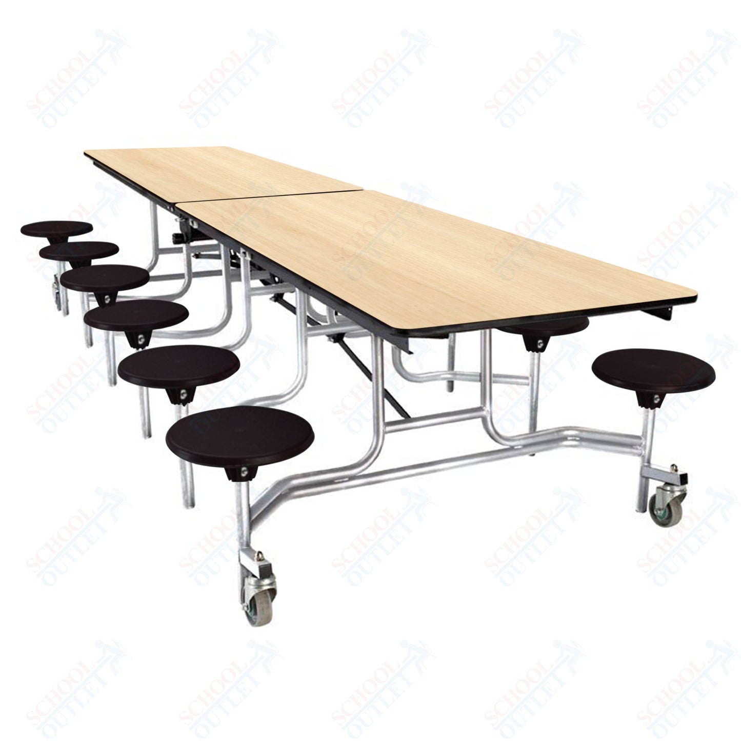 NPS Mobile Cafeteria Table - 30" W x 10' L - 12 Stools - Plywood Core - Protect Edge - Black Powdercoated Frame
